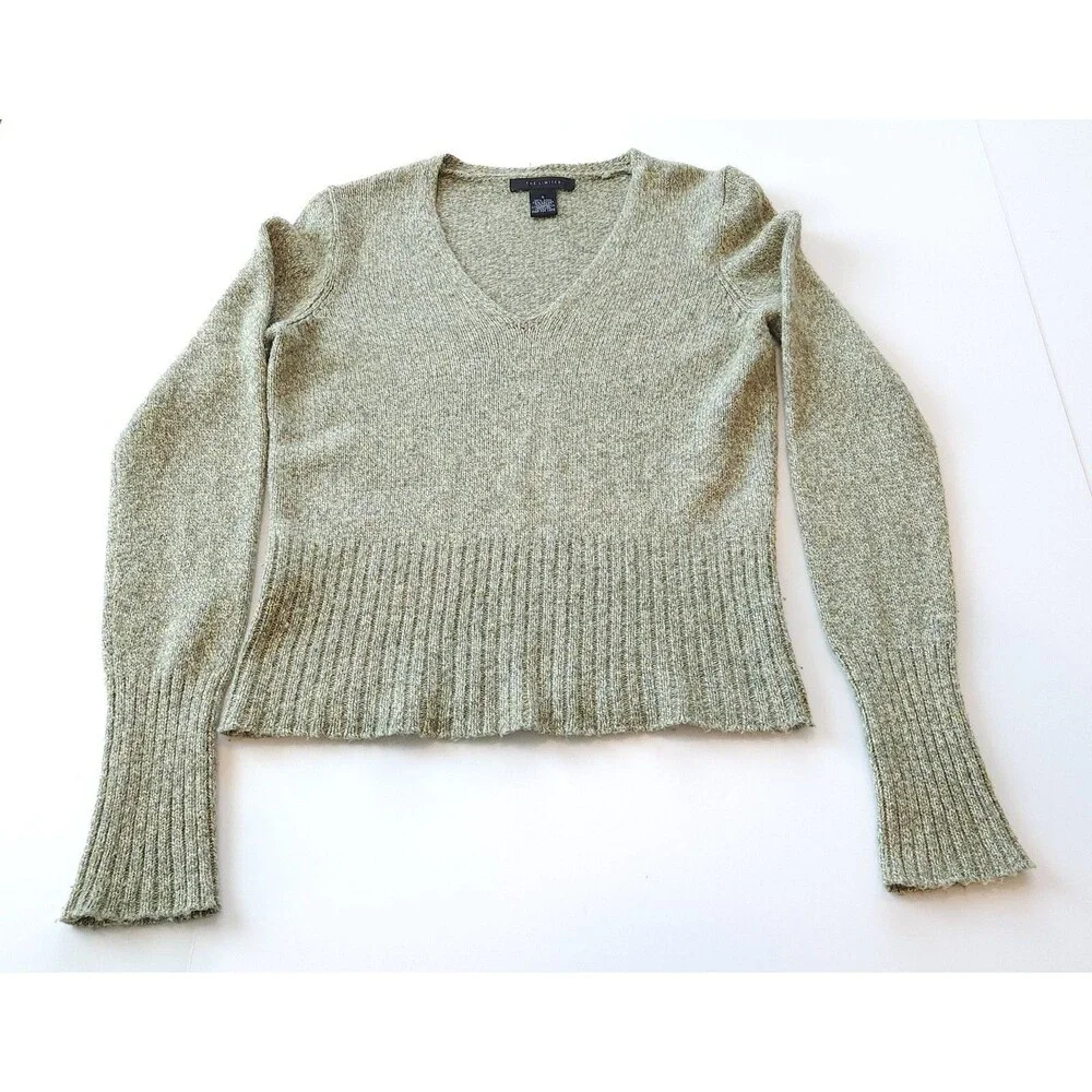 The Limited V-Neck Marled Knit Sweater Wool Cashmere Silk Sage Green Small Y2K